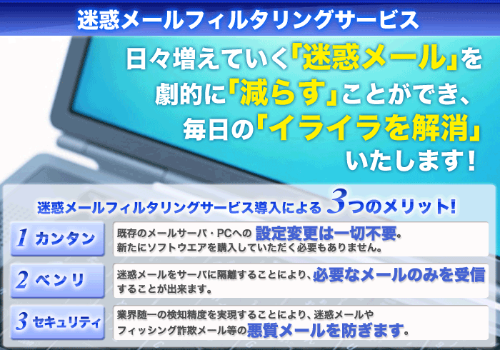 日々増えていく「迷惑メール」を劇的に「減らす」ことができ、毎日の「イライラを解消」いたします！