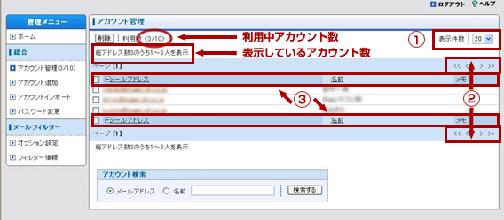 アカウント一覧の画面では利用中アカウント総数と、表示しているアカウント数が表示されます。